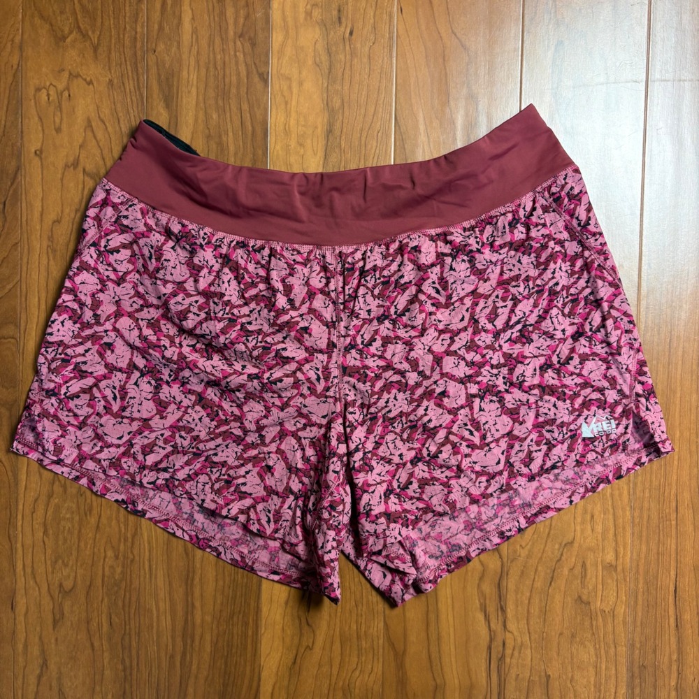 REI Co-op Womens Pink Abstract Print Running Shorts XL Zipper Pocket Drawstring